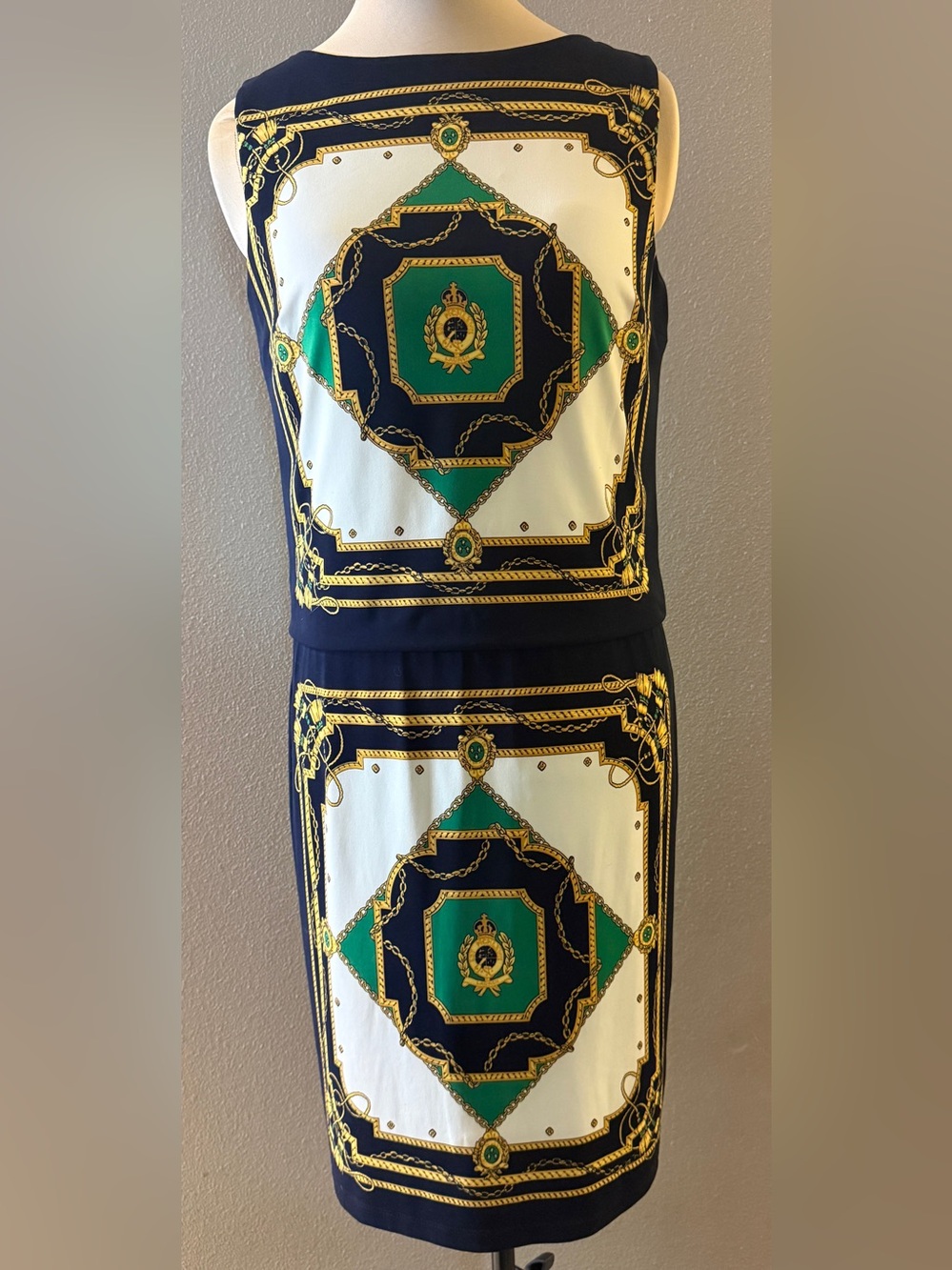 Lauren Ralph Lauren Vintage-Inspired Navy & Emerald Scarf Print Sheath Dress 12